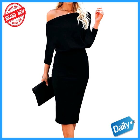 Off Shoulder Batwing Sleeve Wrap Midi Dress 3/4 Sleeve Bodycon Party Office